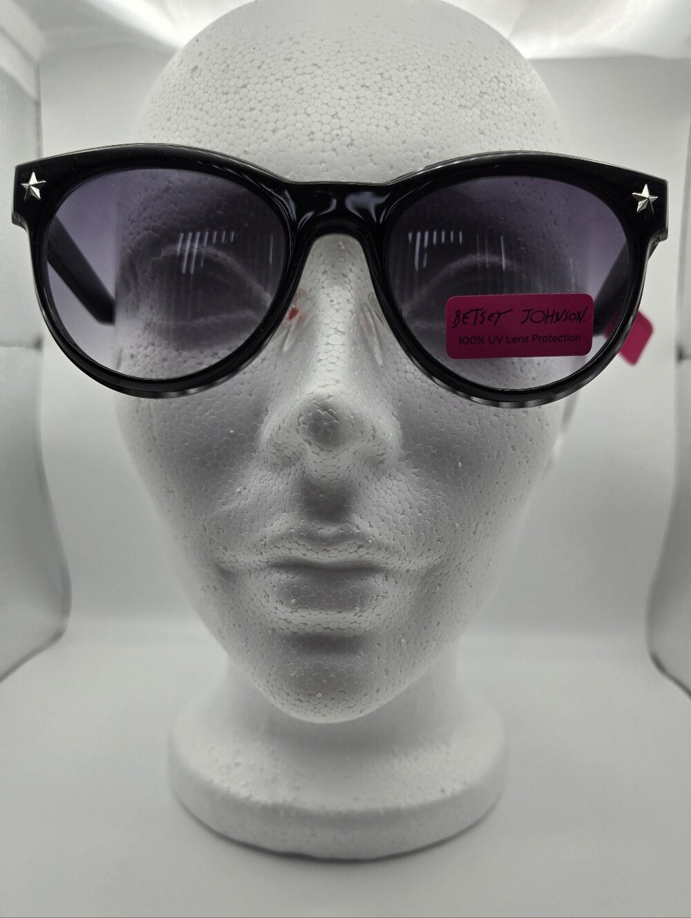 Betsey Johnson Black Silver Frame Cat-Eye Sunglasses Star Accents Chic Beach Fab